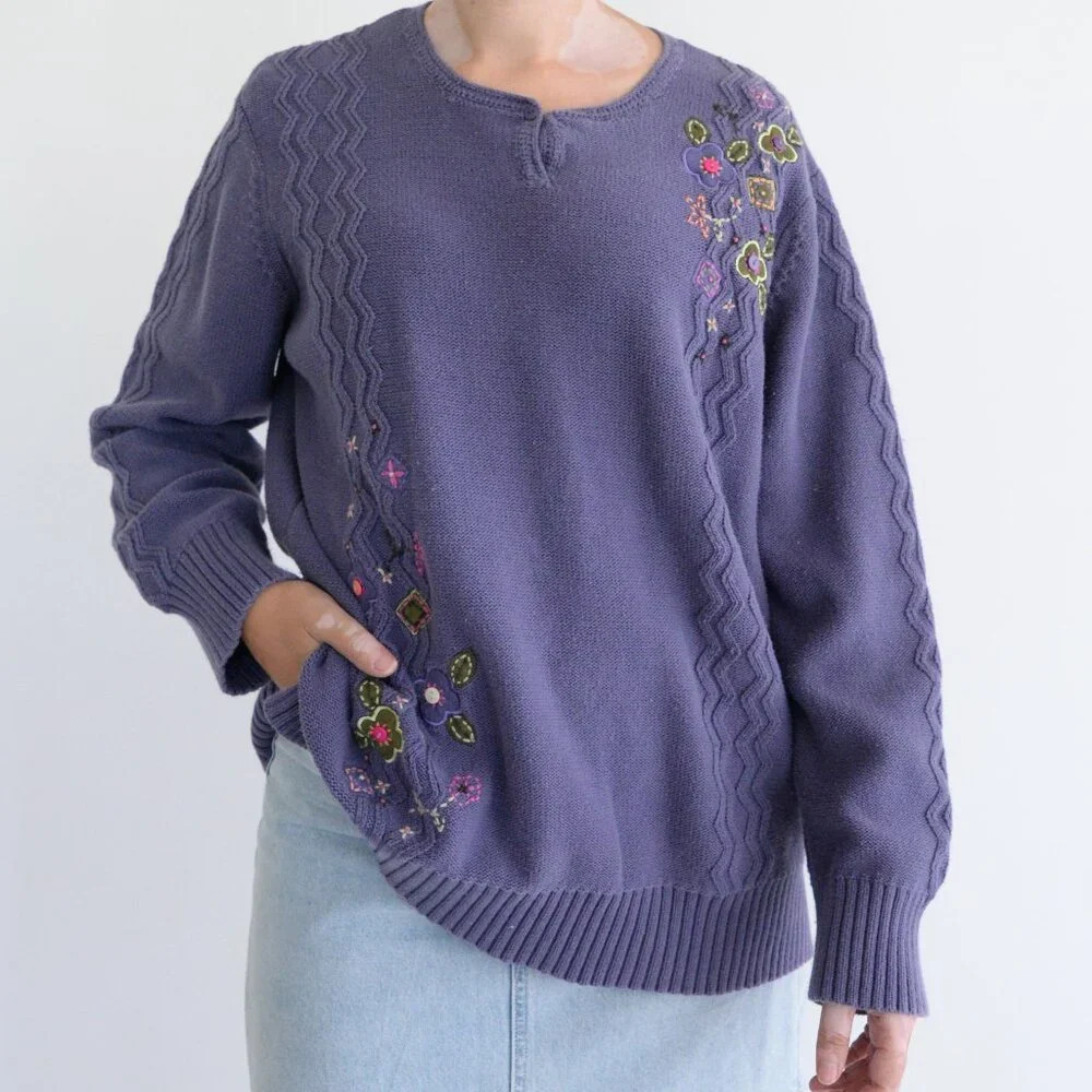 Vintage Koret Purple Fine Knit Embroidery Floral Button Neck  Sweater XL